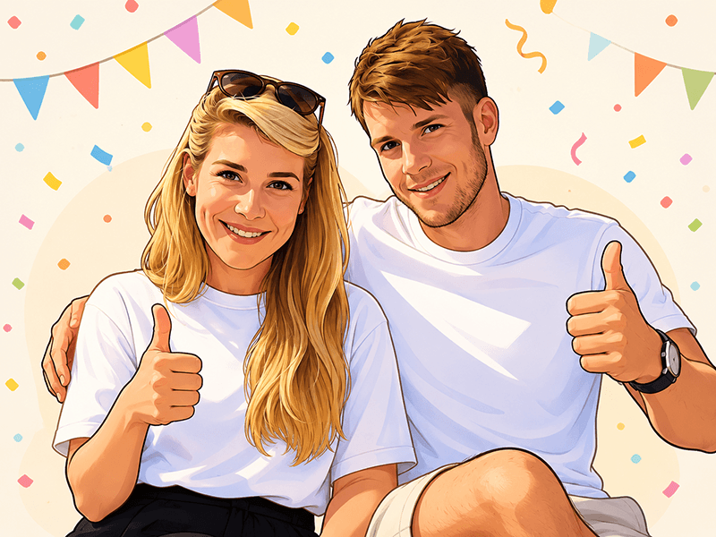 Zwei lachende Gastgeber mit Daumen hoch zur Sommerparty